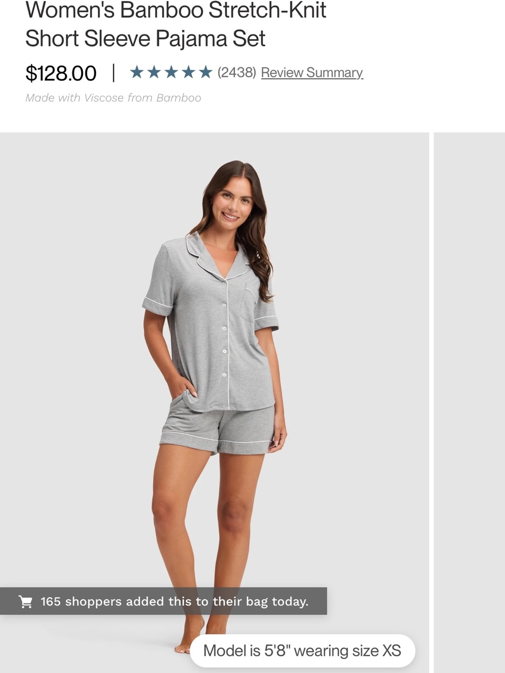 Cozy Earth Women's Bamboo Stretch-Knit Short Sleeve Pajama Set - Gray